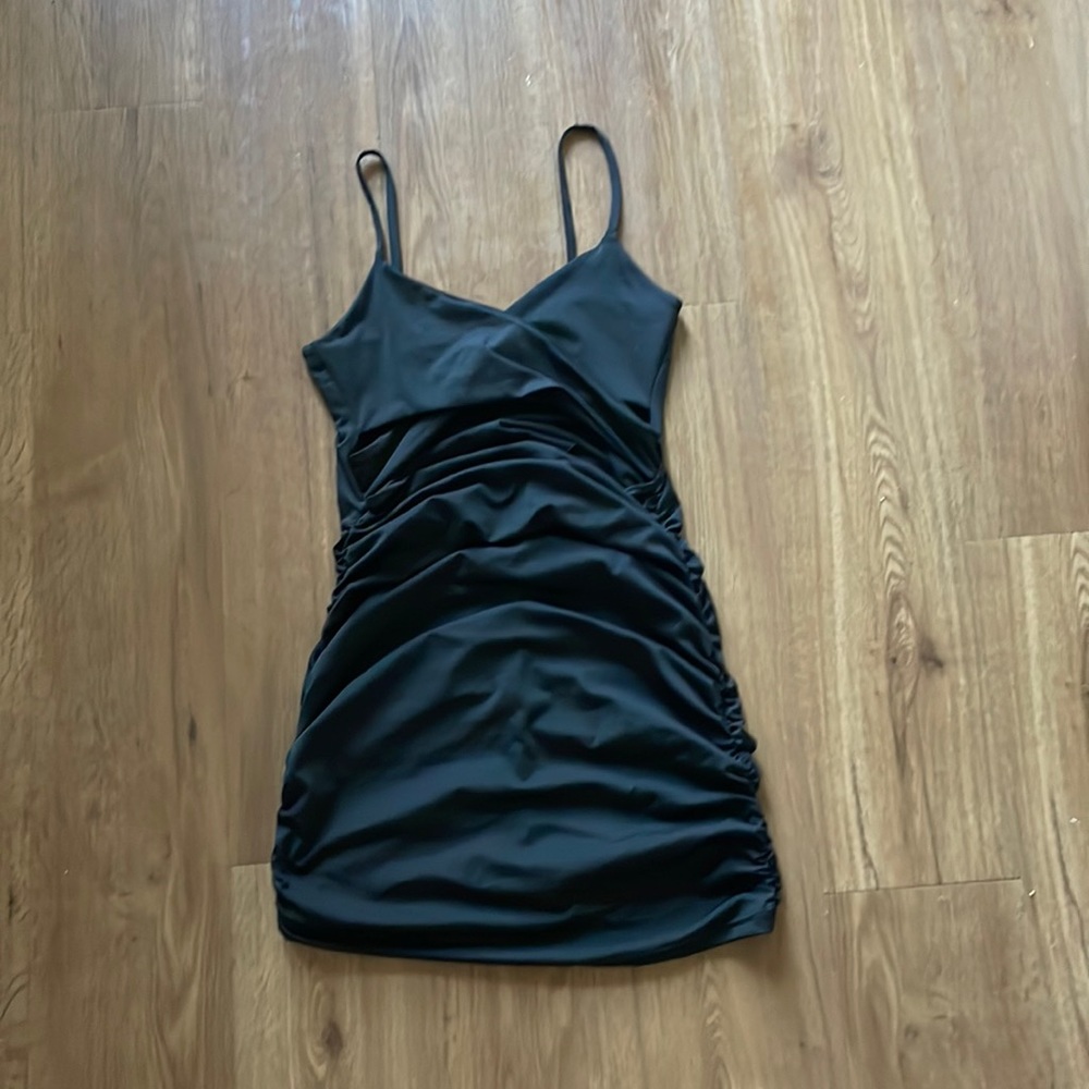 Black ruched cut out mini dress